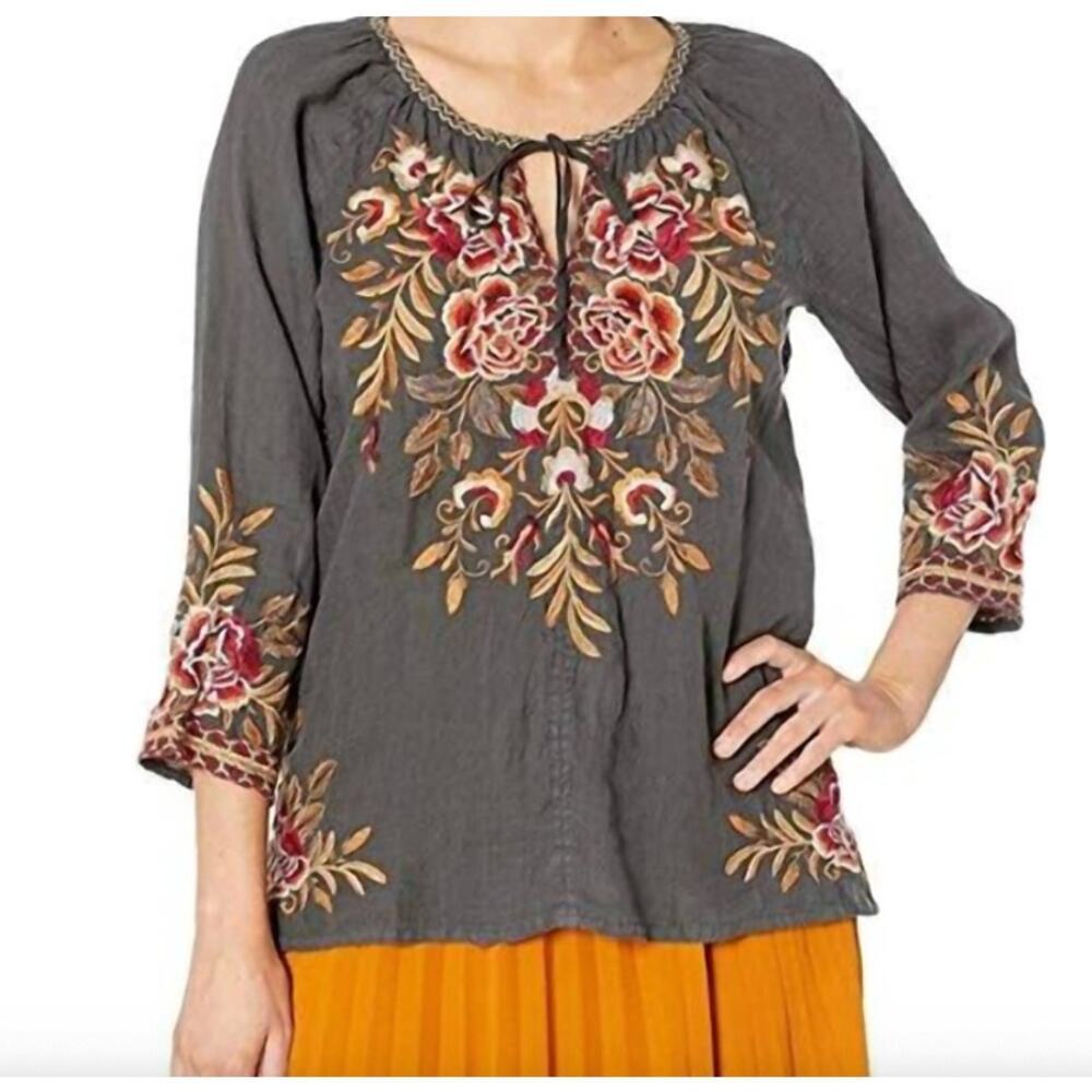 Johnny Was Charlotte Tie Front Floral Embroidered Grey Peasant Blouse Size M